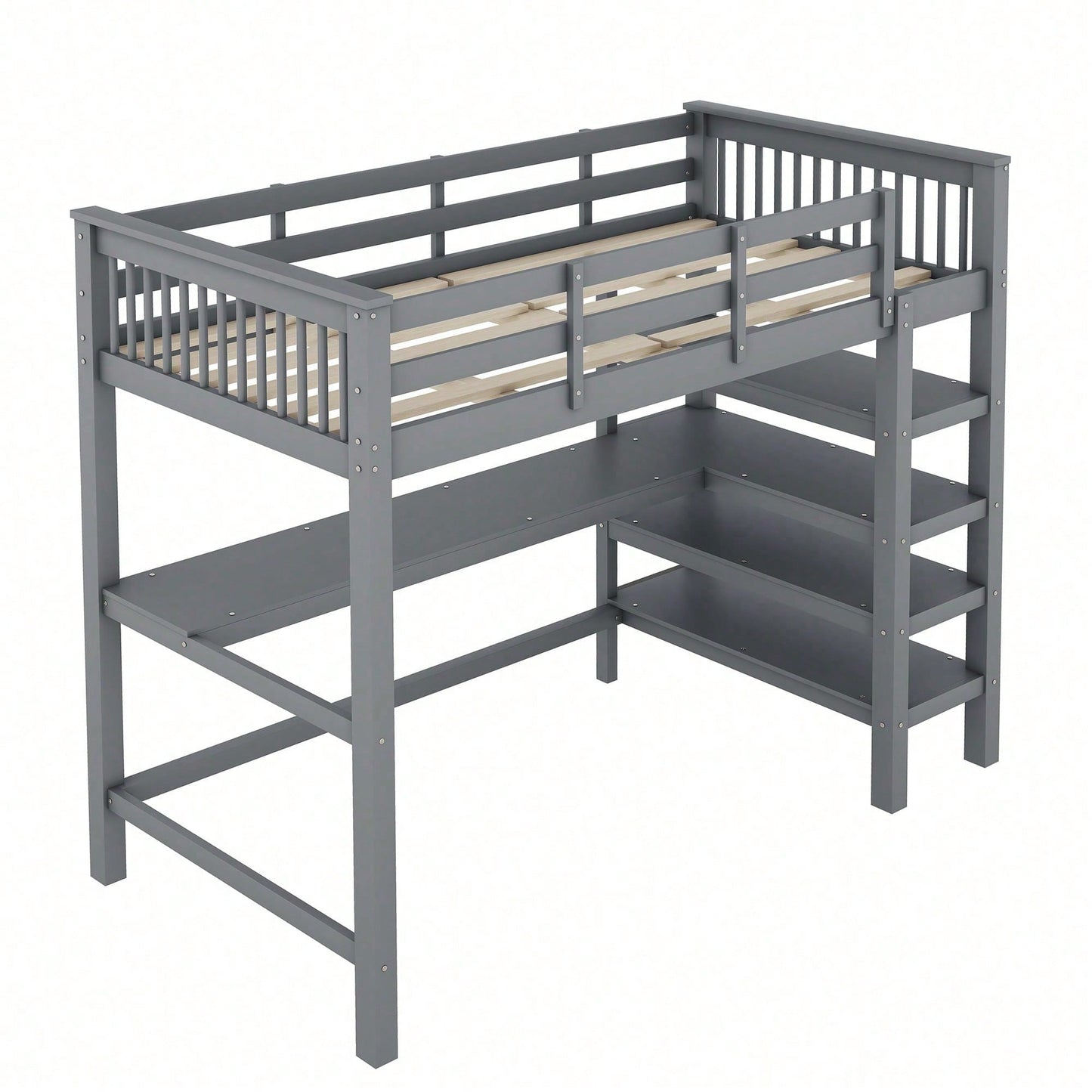Hochbett, 90 x 200 ,Kinderhochbett mit Ablagefächern und Unterbettschreibtisch,Ohne Matratze, Weiß