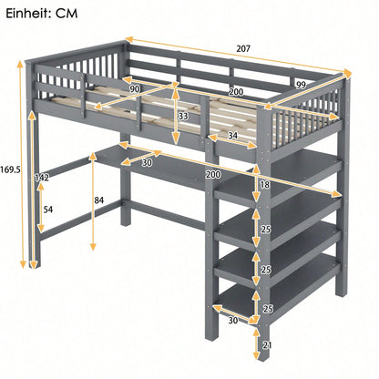 Hochbett, 90 x 200 ,Kinderhochbett mit Ablagefächern und Unterbettschreibtisch,Ohne Matratze, Weiß