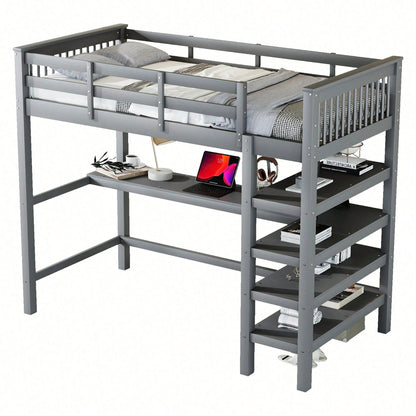 Hochbett, 90 x 200 ,Kinderhochbett mit Ablagefächern und Unterbettschreibtisch,Ohne Matratze, Weiß