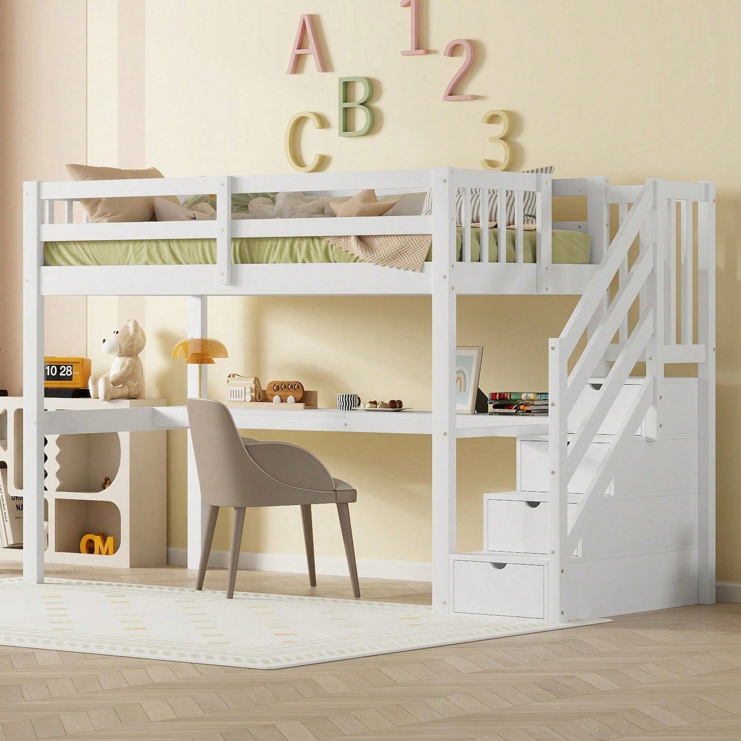 Hochbett ,90 x 200 ,Kinderhochbett mit Stauraumschubladen und Unterbettschreibtisch, Weiß