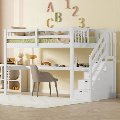 Hochbett ,90 x 200 ,Kinderhochbett mit Stauraumschubladen und Unterbettschreibtisch, Weiß