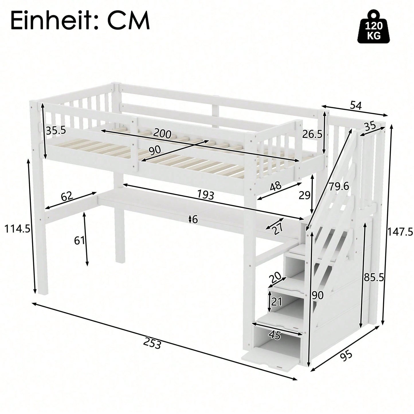 Hochbett ,90 x 200 ,Kinderhochbett mit Stauraumschubladen und Unterbettschreibtisch, Weiß