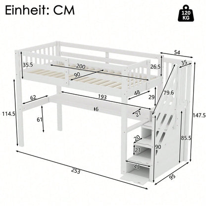 Hochbett ,90 x 200 ,Kinderhochbett mit Stauraumschubladen und Unterbettschreibtisch, Weiß