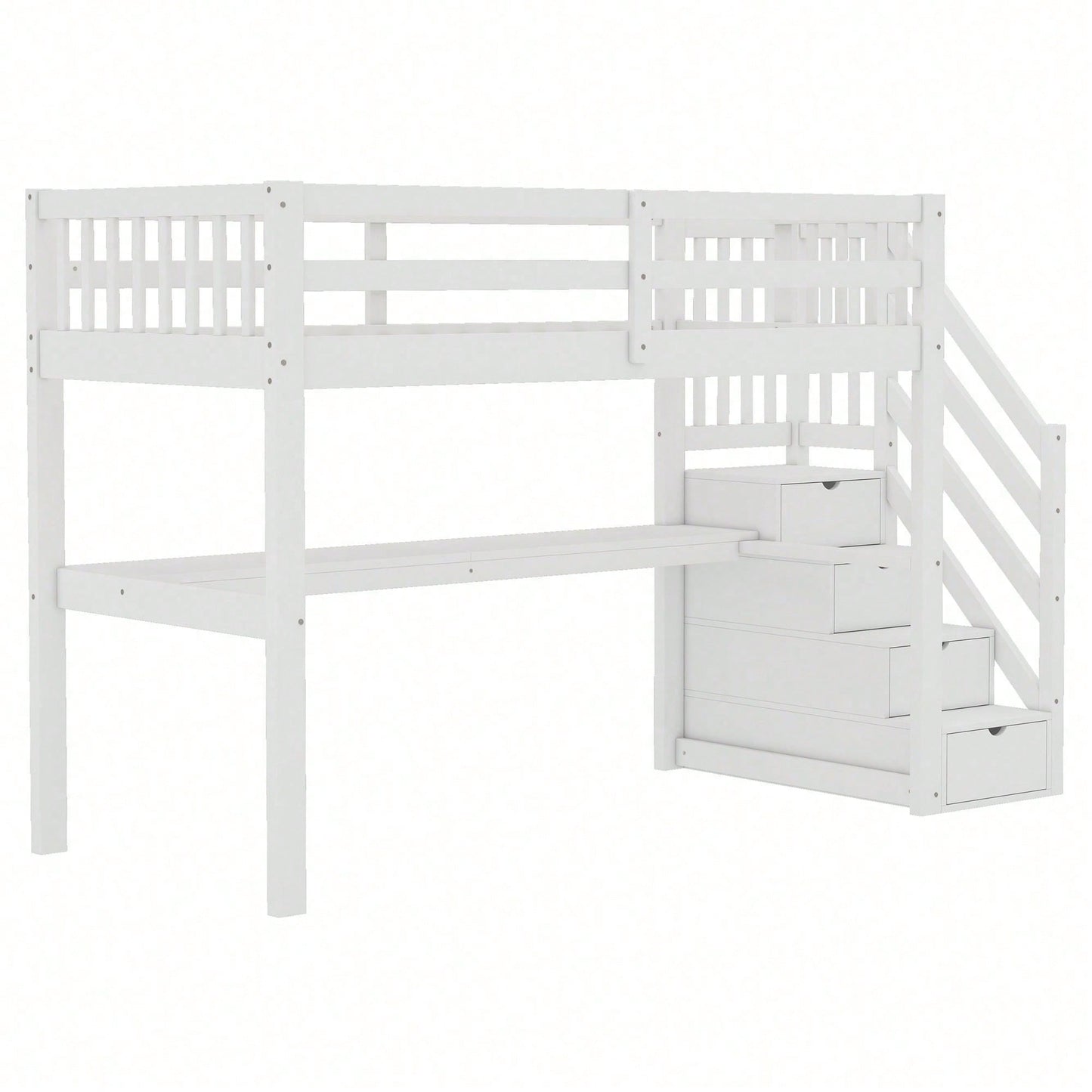 Hochbett ,90 x 200 ,Kinderhochbett mit Stauraumschubladen und Unterbettschreibtisch, Weiß