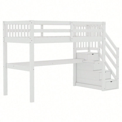 Hochbett ,90 x 200 ,Kinderhochbett mit Stauraumschubladen und Unterbettschreibtisch, Weiß
