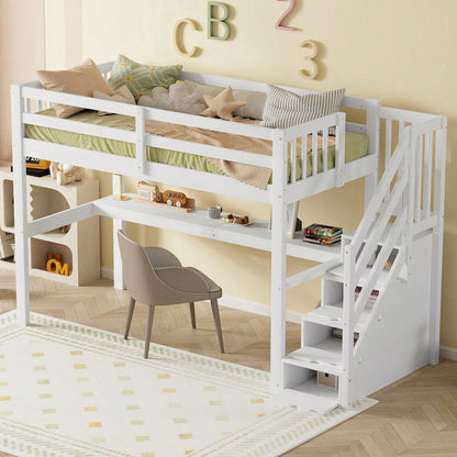 Hochbett ,90 x 200 ,Kinderhochbett mit Stauraumschubladen und Unterbettschreibtisch, Weiß
