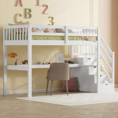 Hochbett ,90 x 200 ,Kinderhochbett mit Stauraumschubladen und Unterbettschreibtisch, Weiß