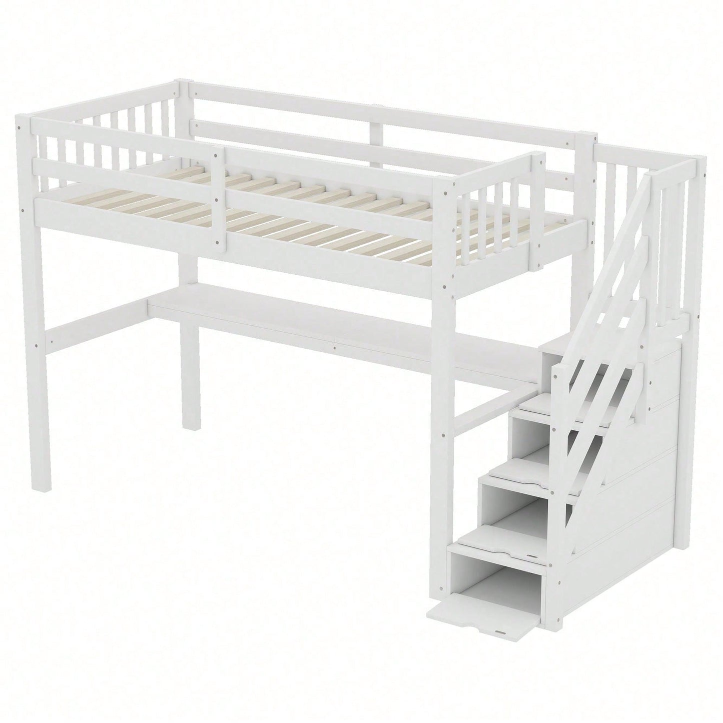 Hochbett ,90 x 200 ,Kinderhochbett mit Stauraumschubladen und Unterbettschreibtisch, Weiß