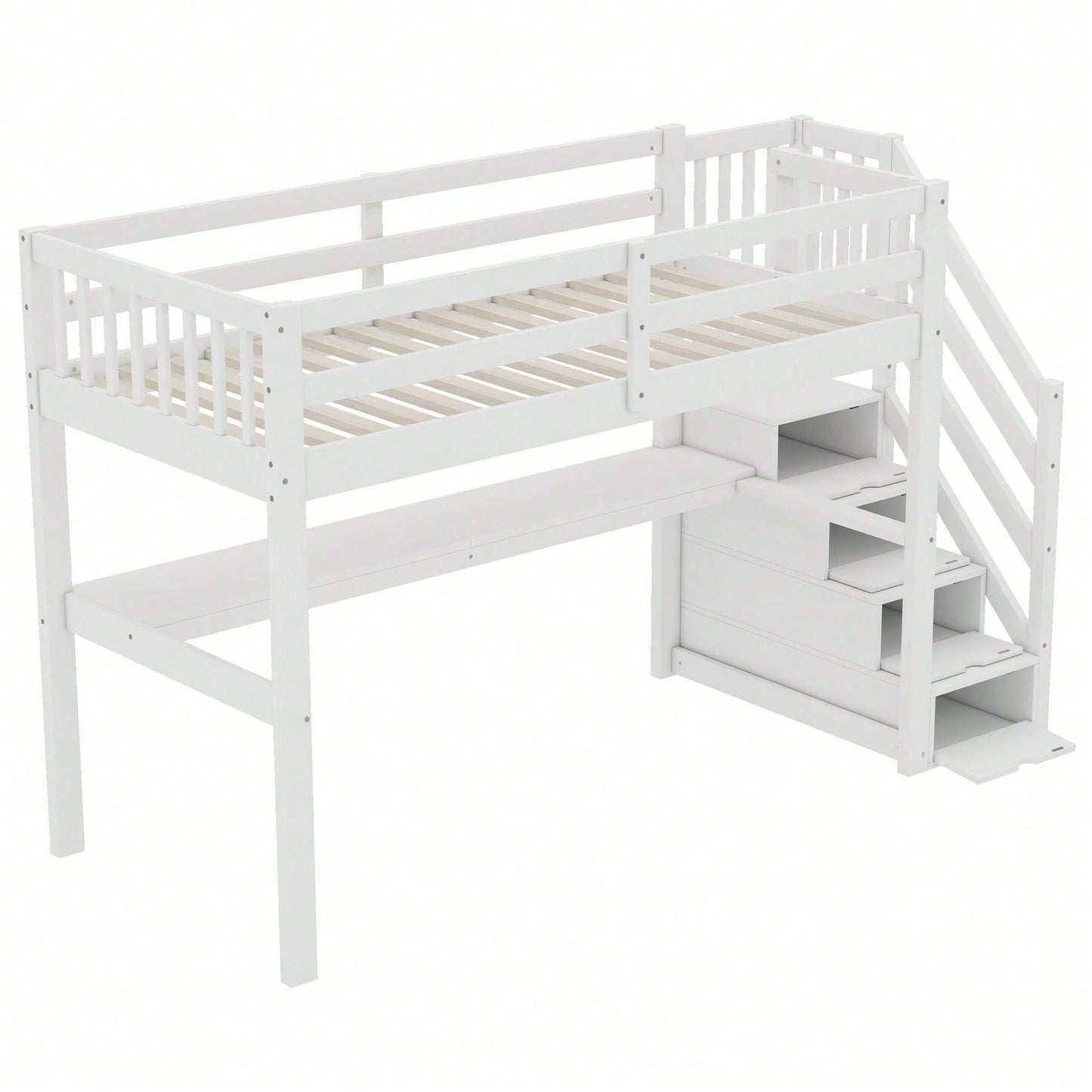 Hochbett ,90 x 200 ,Kinderhochbett mit Stauraumschubladen und Unterbettschreibtisch, Weiß