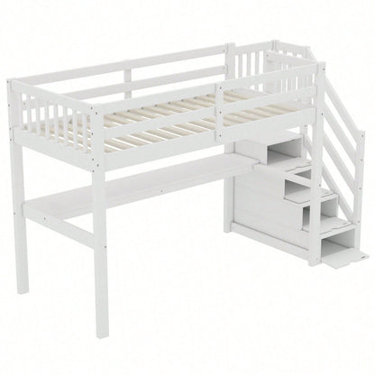 Hochbett ,90 x 200 ,Kinderhochbett mit Stauraumschubladen und Unterbettschreibtisch, Weiß