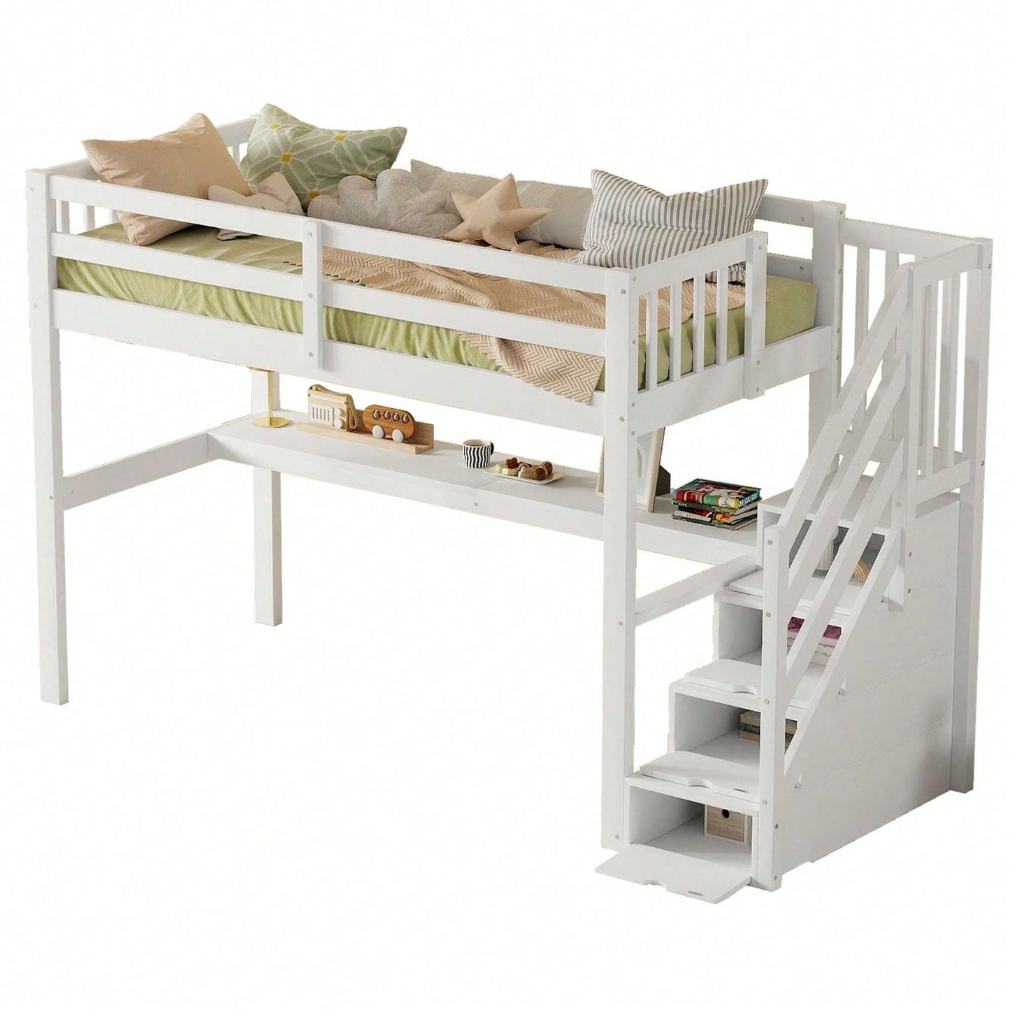 Hochbett ,90 x 200 ,Kinderhochbett mit Stauraumschubladen und Unterbettschreibtisch, Weiß