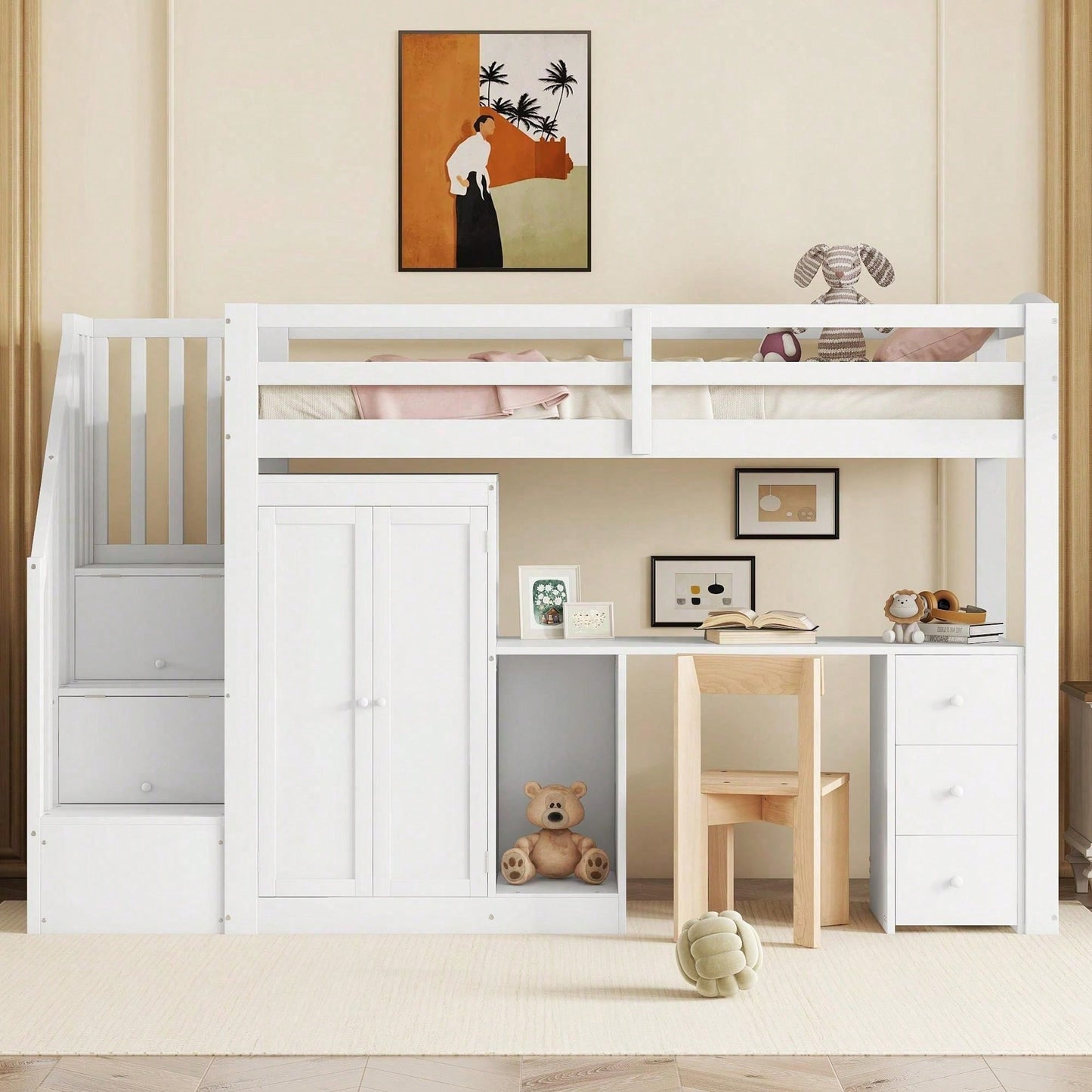Hochbett, 90 x 200cm, Bett mit Lattenrost (ohne Matratze), Bett mit Kleiderschrank und Treppe, Schreibtisch, Schubladen und Kleiderschrank, weiß