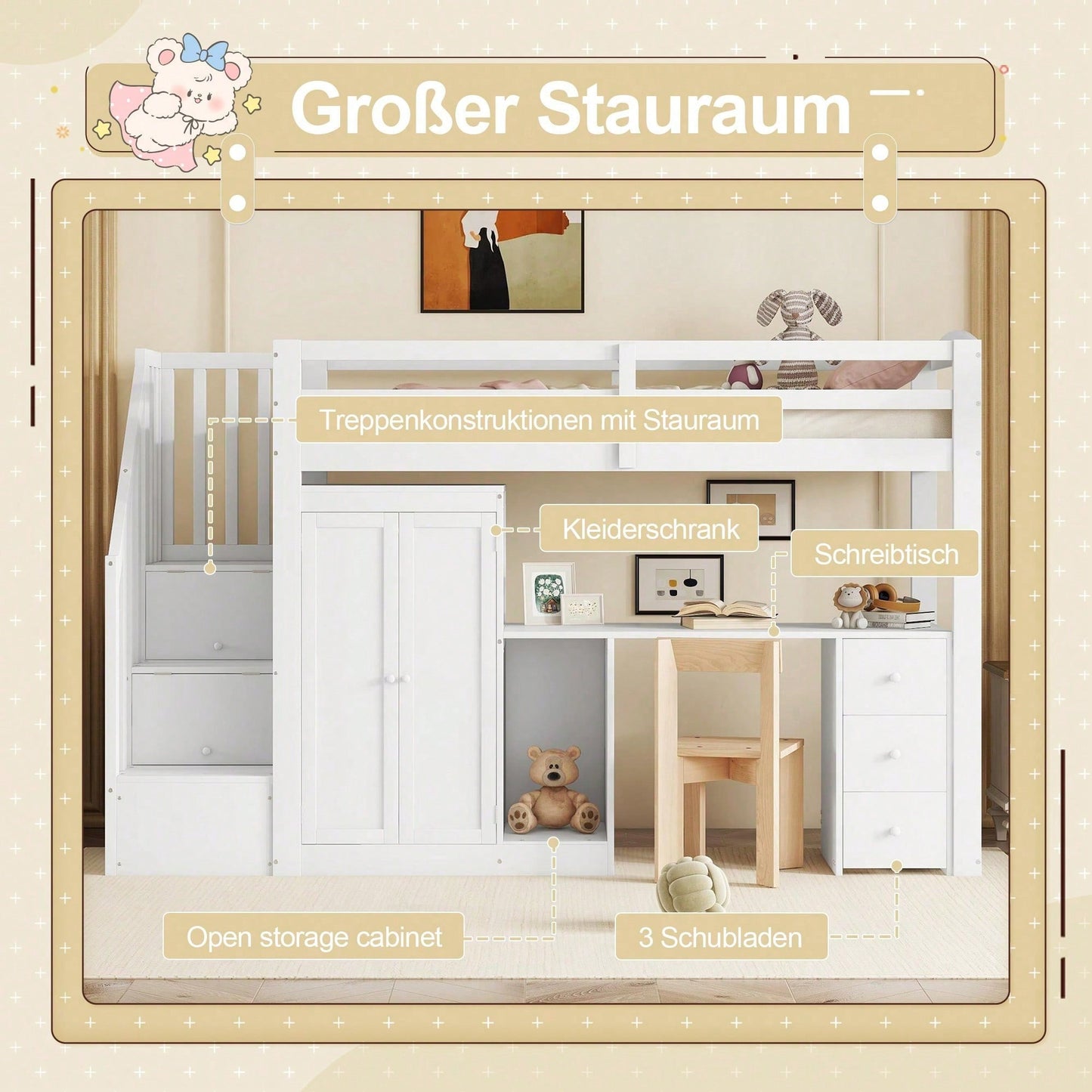 Hochbett, 90 x 200cm, Bett mit Lattenrost (ohne Matratze), Bett mit Kleiderschrank und Treppe, Schreibtisch, Schubladen und Kleiderschrank, weiß