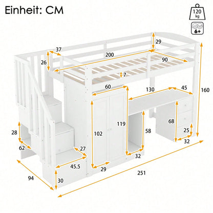 Hochbett, 90 x 200cm, Bett mit Lattenrost (ohne Matratze), Bett mit Kleiderschrank und Treppe, Schreibtisch, Schubladen und Kleiderschrank, weiß