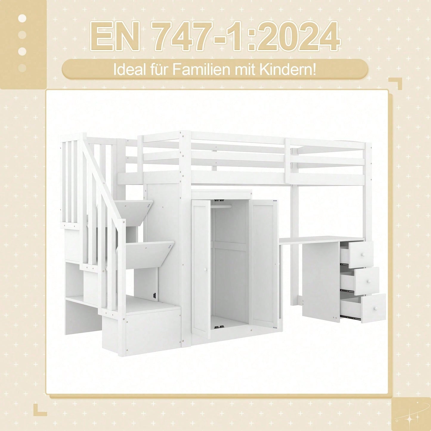 Hochbett, 90 x 200cm, Bett mit Lattenrost (ohne Matratze), Bett mit Kleiderschrank und Treppe, Schreibtisch, Schubladen und Kleiderschrank, weiß
