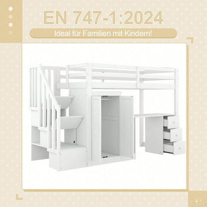 Hochbett, 90 x 200cm, Bett mit Lattenrost (ohne Matratze), Bett mit Kleiderschrank und Treppe, Schreibtisch, Schubladen und Kleiderschrank, weiß