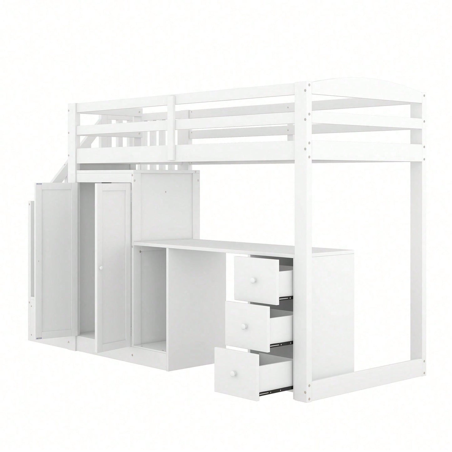 Hochbett, 90 x 200cm, Bett mit Lattenrost (ohne Matratze), Bett mit Kleiderschrank und Treppe, Schreibtisch, Schubladen und Kleiderschrank, weiß