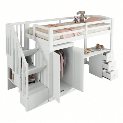 Hochbett, 90 x 200cm, Bett mit Lattenrost (ohne Matratze), Bett mit Kleiderschrank und Treppe, Schreibtisch, Schubladen und Kleiderschrank, weiß