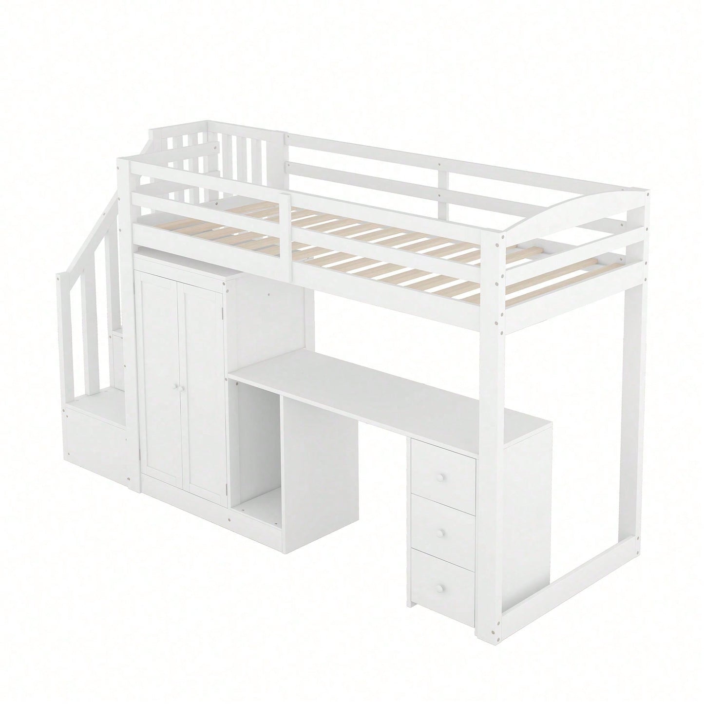 Hochbett, 90 x 200cm, Bett mit Lattenrost (ohne Matratze), Bett mit Kleiderschrank und Treppe, Schreibtisch, Schubladen und Kleiderschrank, weiß