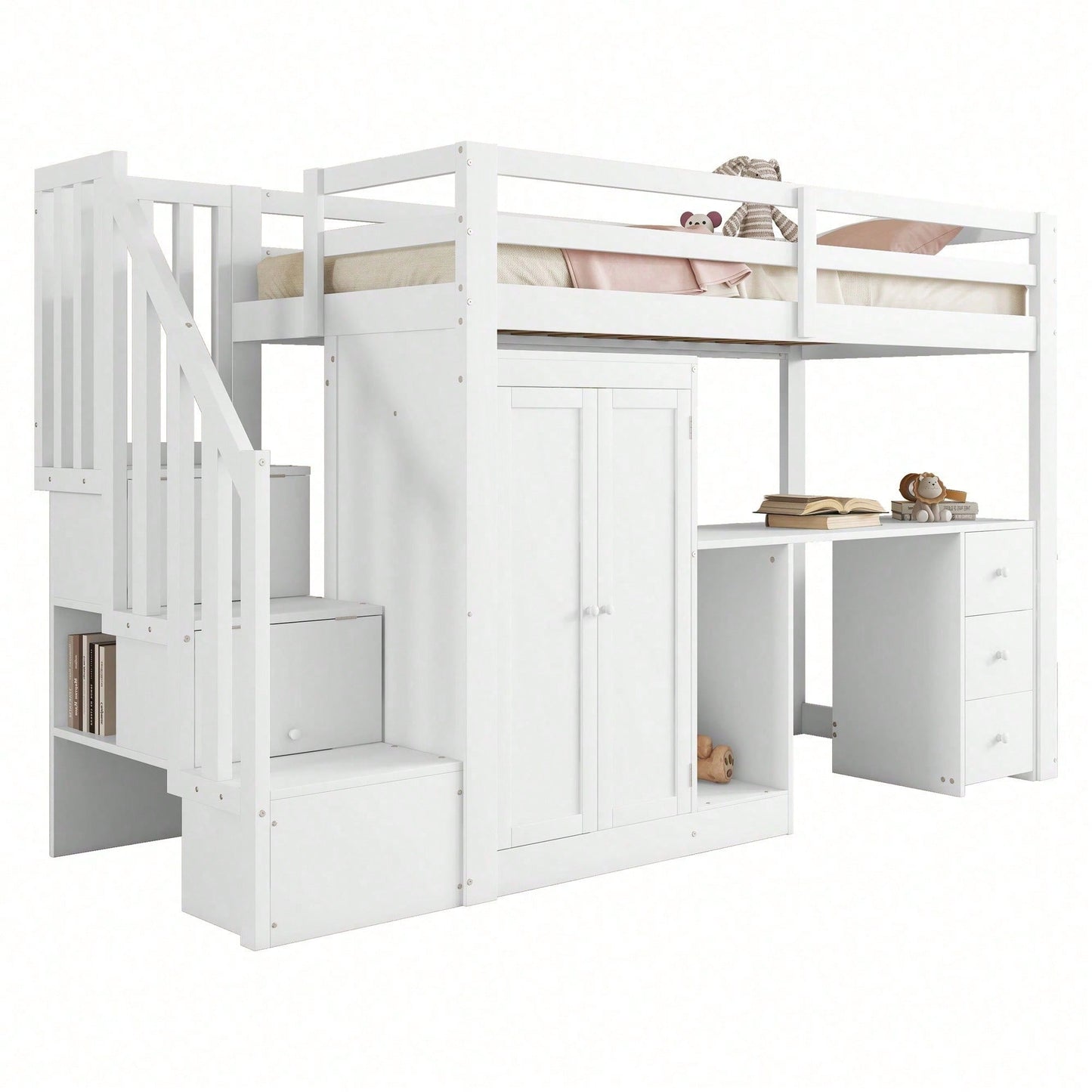 Hochbett, 90 x 200cm, Bett mit Lattenrost (ohne Matratze), Bett mit Kleiderschrank und Treppe, Schreibtisch, Schubladen und Kleiderschrank, weiß