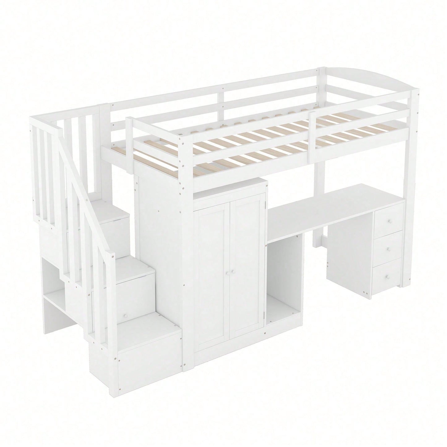 Hochbett, 90 x 200cm, Bett mit Lattenrost (ohne Matratze), Bett mit Kleiderschrank und Treppe, Schreibtisch, Schubladen und Kleiderschrank, weiß