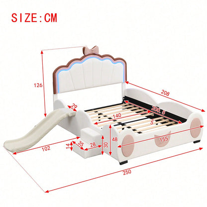 140*200cm Cartoon Bett Kinderbett Schmetterlingsbett LED-Farbwechsellicht, Fernbedienung, ausgestattet mit Rutsche und Leiter, PU-Material, schöne Form, rosa + weiß