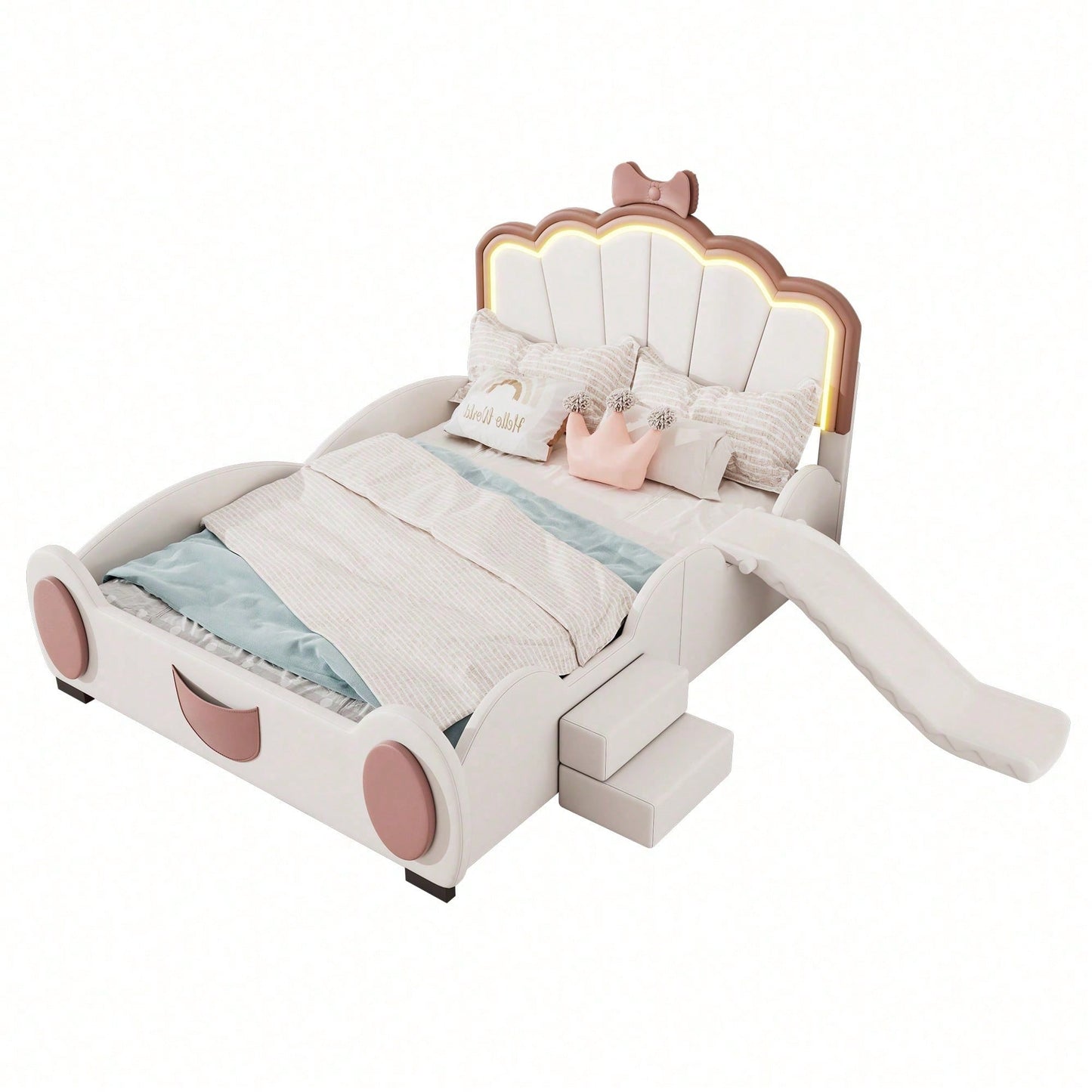 140*200cm Cartoon Bett Kinderbett Schmetterlingsbett LED-Farbwechsellicht, Fernbedienung, ausgestattet mit Rutsche und Leiter, PU-Material, schöne Form, rosa + weiß