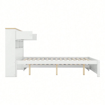 140*200cm Flachbett mit mehreren Staufächern am Kopfende des Bettes, ausgestattet mit ausziehbares Rollbett, drei Schubladen, weiß