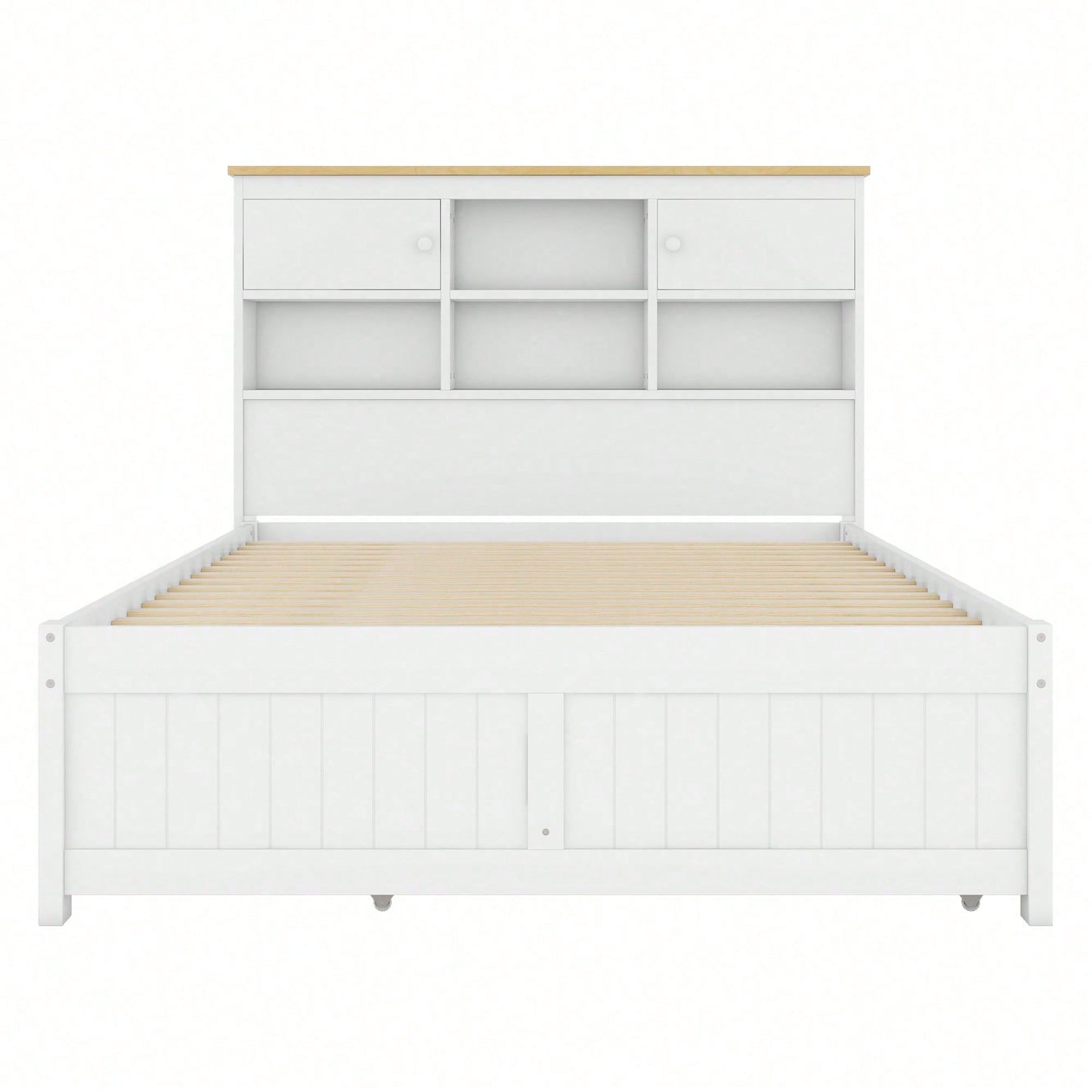 140*200cm Flachbett mit mehreren Staufächern am Kopfende des Bettes, ausgestattet mit ausziehbares Rollbett, drei Schubladen, weiß