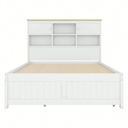 140*200cm Flachbett mit mehreren Staufächern am Kopfende des Bettes, ausgestattet mit ausziehbares Rollbett, drei Schubladen, weiß