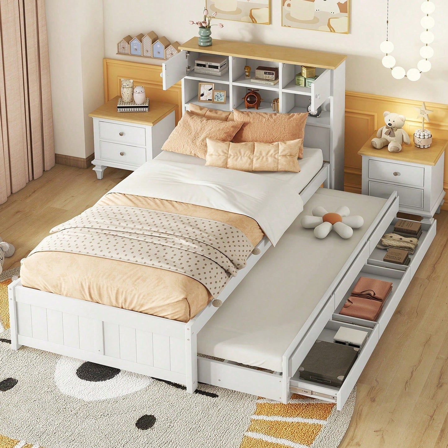 90*200cm Flachbett mit mehreren Staufächern am Kopfende des Bettes, ausgestattet mit ausziehbares Rollbett, drei Schubladen, weiß