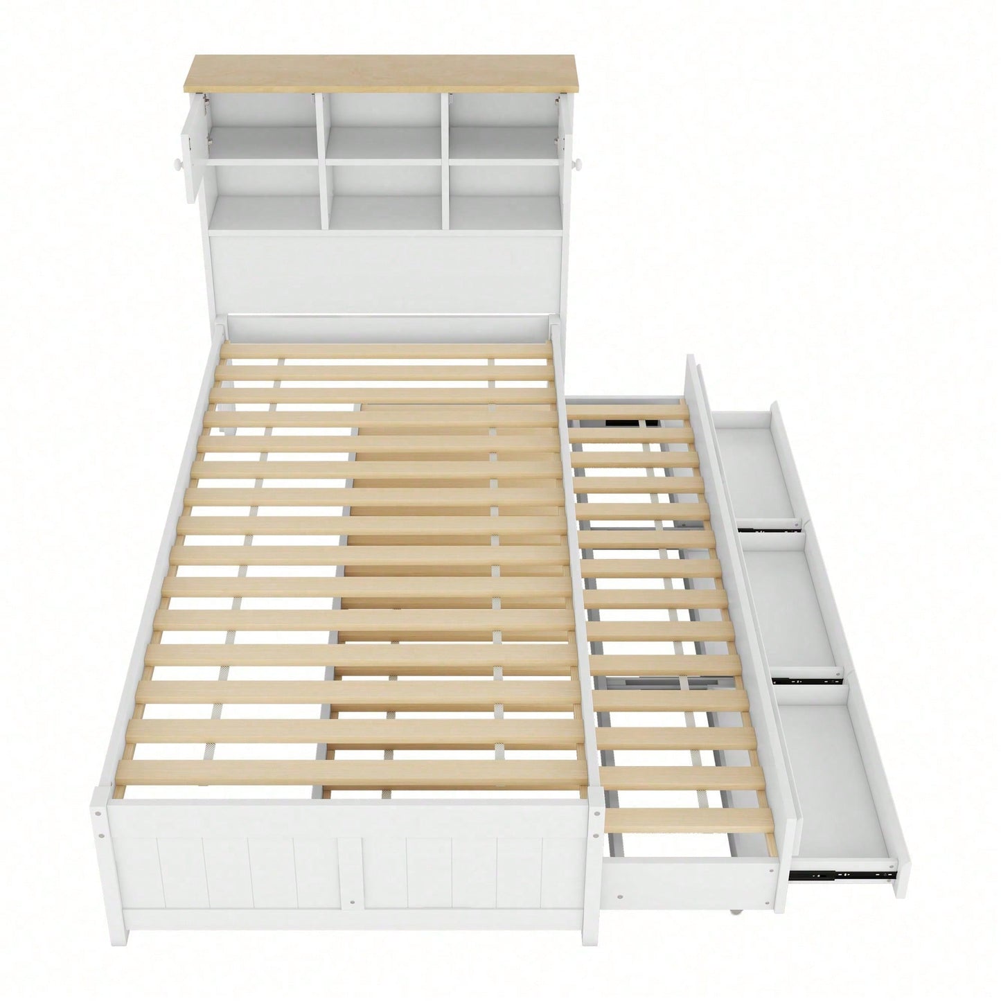 90*200cm Flachbett mit mehreren Staufächern am Kopfende des Bettes, ausgestattet mit ausziehbares Rollbett, drei Schubladen, weiß