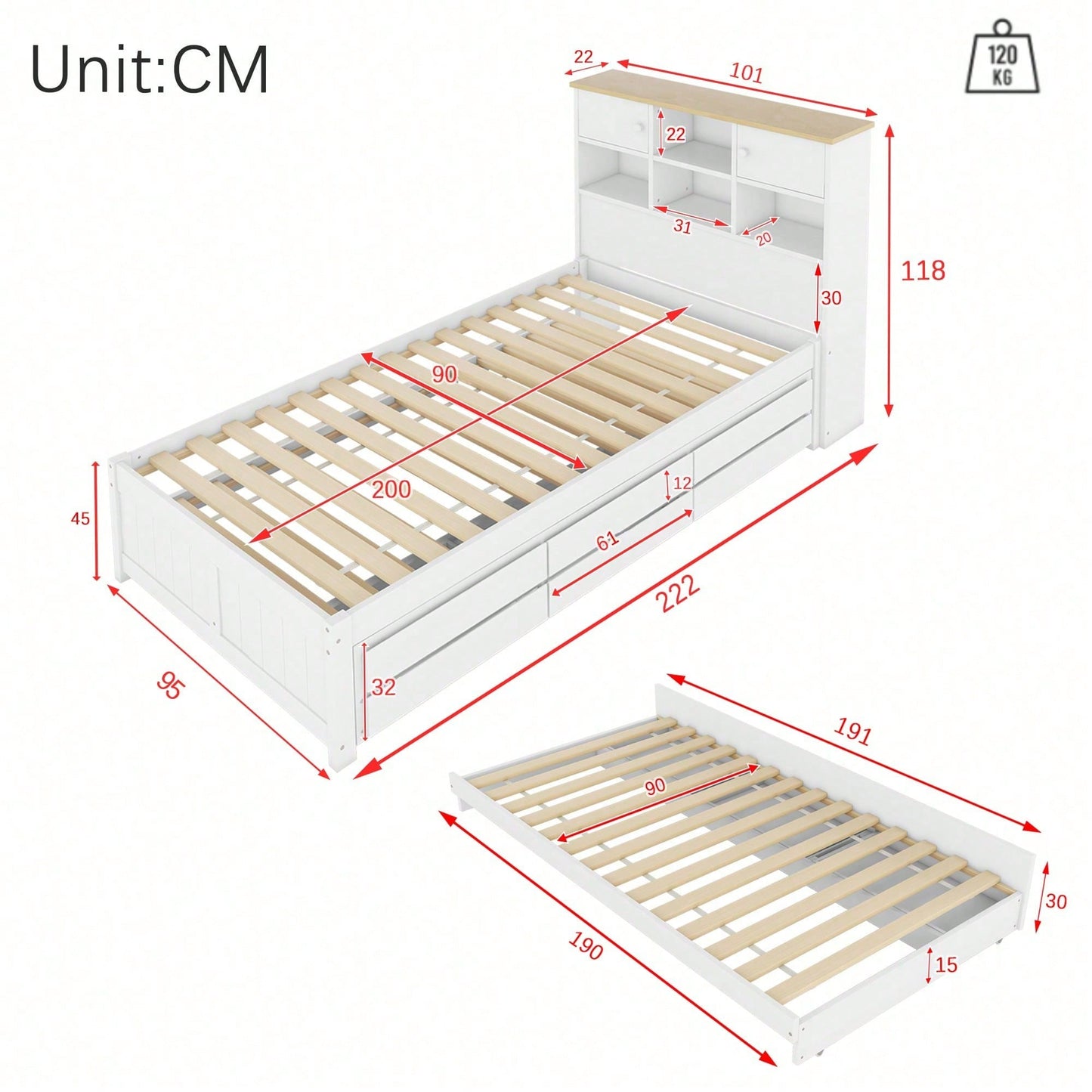 90*200cm Flachbett mit mehreren Staufächern am Kopfende des Bettes, ausgestattet mit ausziehbares Rollbett, drei Schubladen, weiß