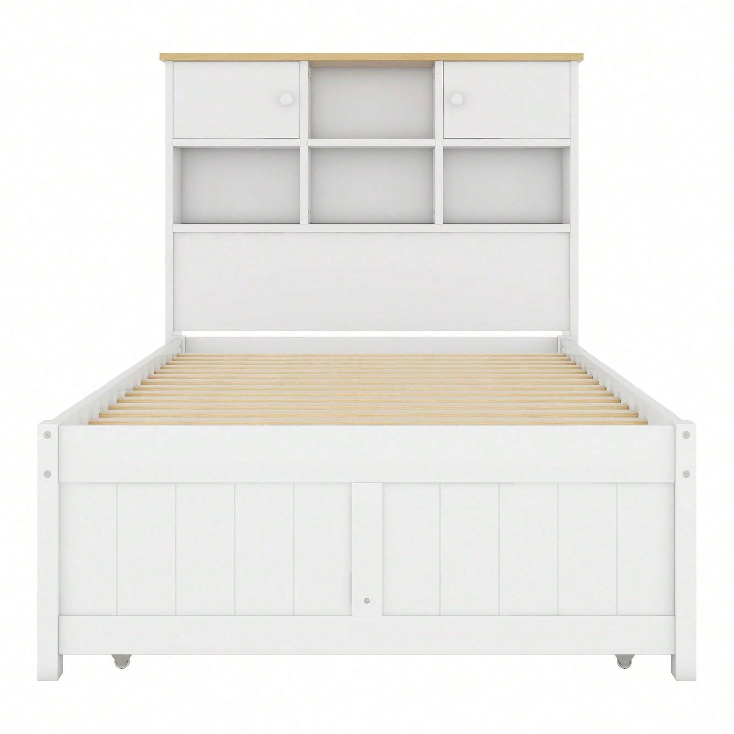 90*200cm Flachbett mit mehreren Staufächern am Kopfende des Bettes, ausgestattet mit ausziehbares Rollbett, drei Schubladen, weiß