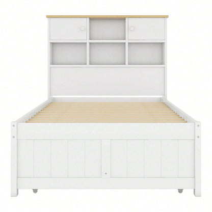 90*200cm Flachbett mit mehreren Staufächern am Kopfende des Bettes, ausgestattet mit ausziehbares Rollbett, drei Schubladen, weiß