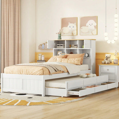90*200cm Flachbett mit mehreren Staufächern am Kopfende des Bettes, ausgestattet mit ausziehbares Rollbett, drei Schubladen, weiß
