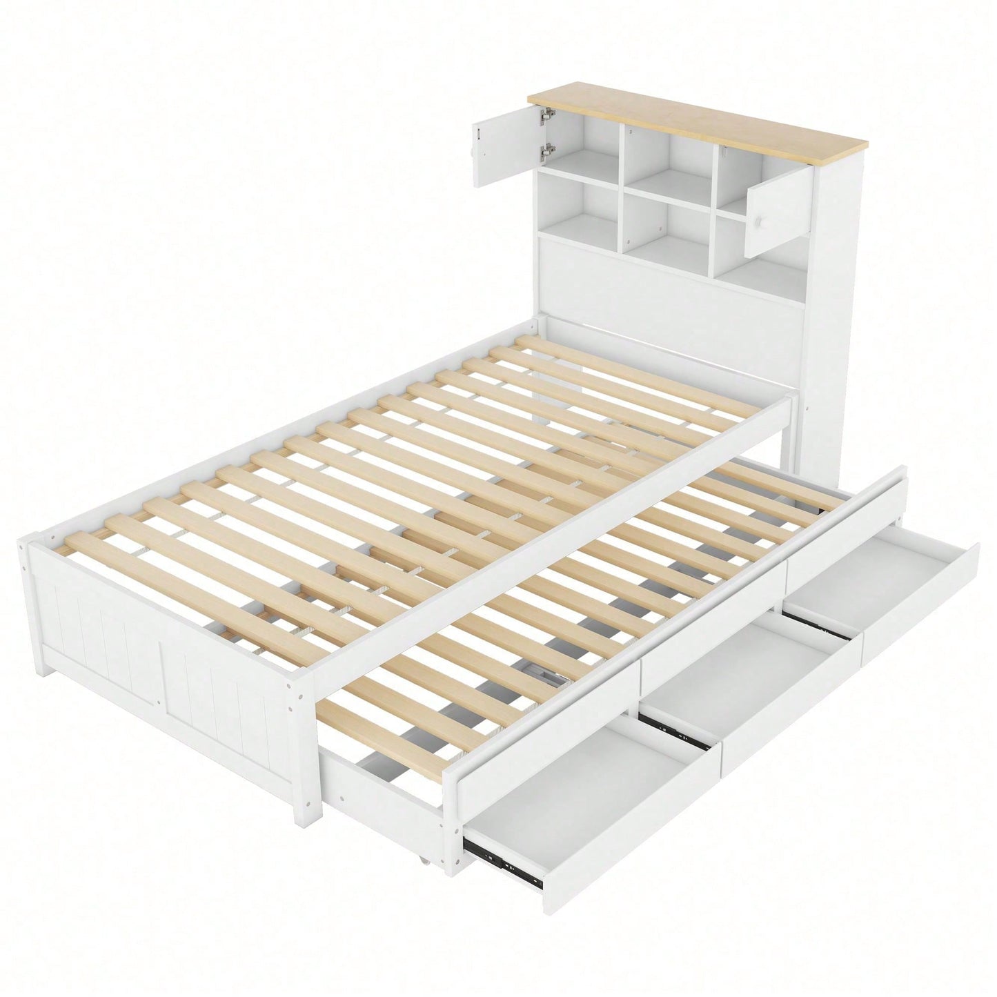 90*200cm Flachbett mit mehreren Staufächern am Kopfende des Bettes, ausgestattet mit ausziehbares Rollbett, drei Schubladen, weiß