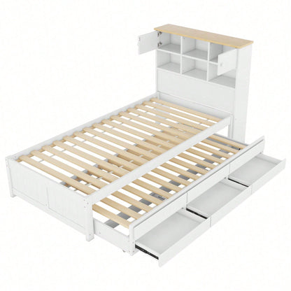 90*200cm Flachbett mit mehreren Staufächern am Kopfende des Bettes, ausgestattet mit ausziehbares Rollbett, drei Schubladen, weiß