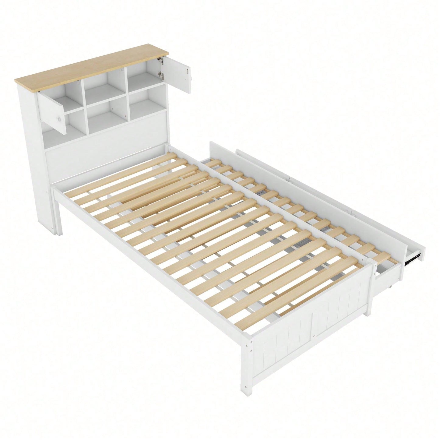 90*200cm Flachbett mit mehreren Staufächern am Kopfende des Bettes, ausgestattet mit ausziehbares Rollbett, drei Schubladen, weiß