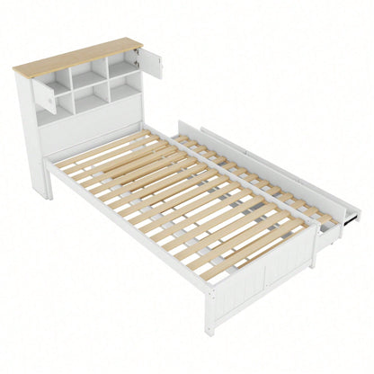 90*200cm Flachbett mit mehreren Staufächern am Kopfende des Bettes, ausgestattet mit ausziehbares Rollbett, drei Schubladen, weiß