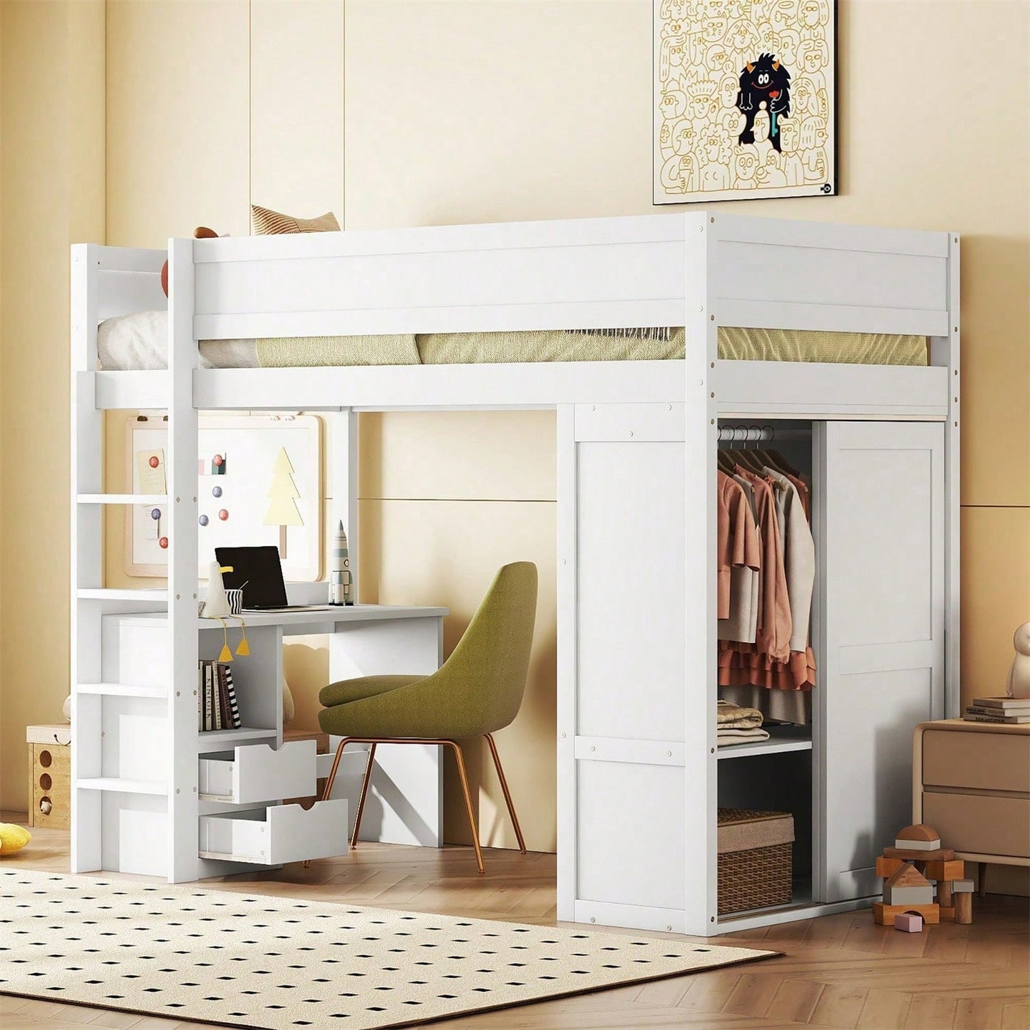 90*200cm Hochbett, vielseitiges Kinderbett, ausgestattet mit Kleiderschrank, Schreibtisch und Schubladen, weiß