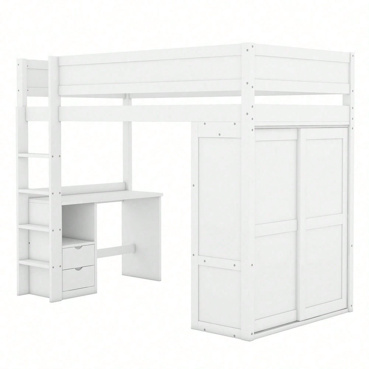 90*200cm Hochbett, vielseitiges Kinderbett, ausgestattet mit Kleiderschrank, Schreibtisch und Schubladen, weiß