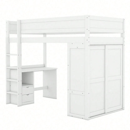 90*200cm Hochbett, vielseitiges Kinderbett, ausgestattet mit Kleiderschrank, Schreibtisch und Schubladen, weiß