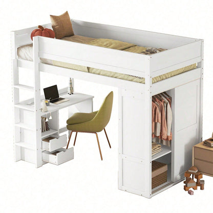 90*200cm Hochbett, vielseitiges Kinderbett, ausgestattet mit Kleiderschrank, Schreibtisch und Schubladen, weiß