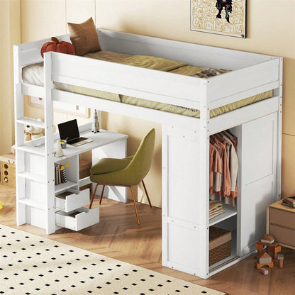 90*200cm Hochbett, vielseitiges Kinderbett, ausgestattet mit Kleiderschrank, Schreibtisch und Schubladen, weiß