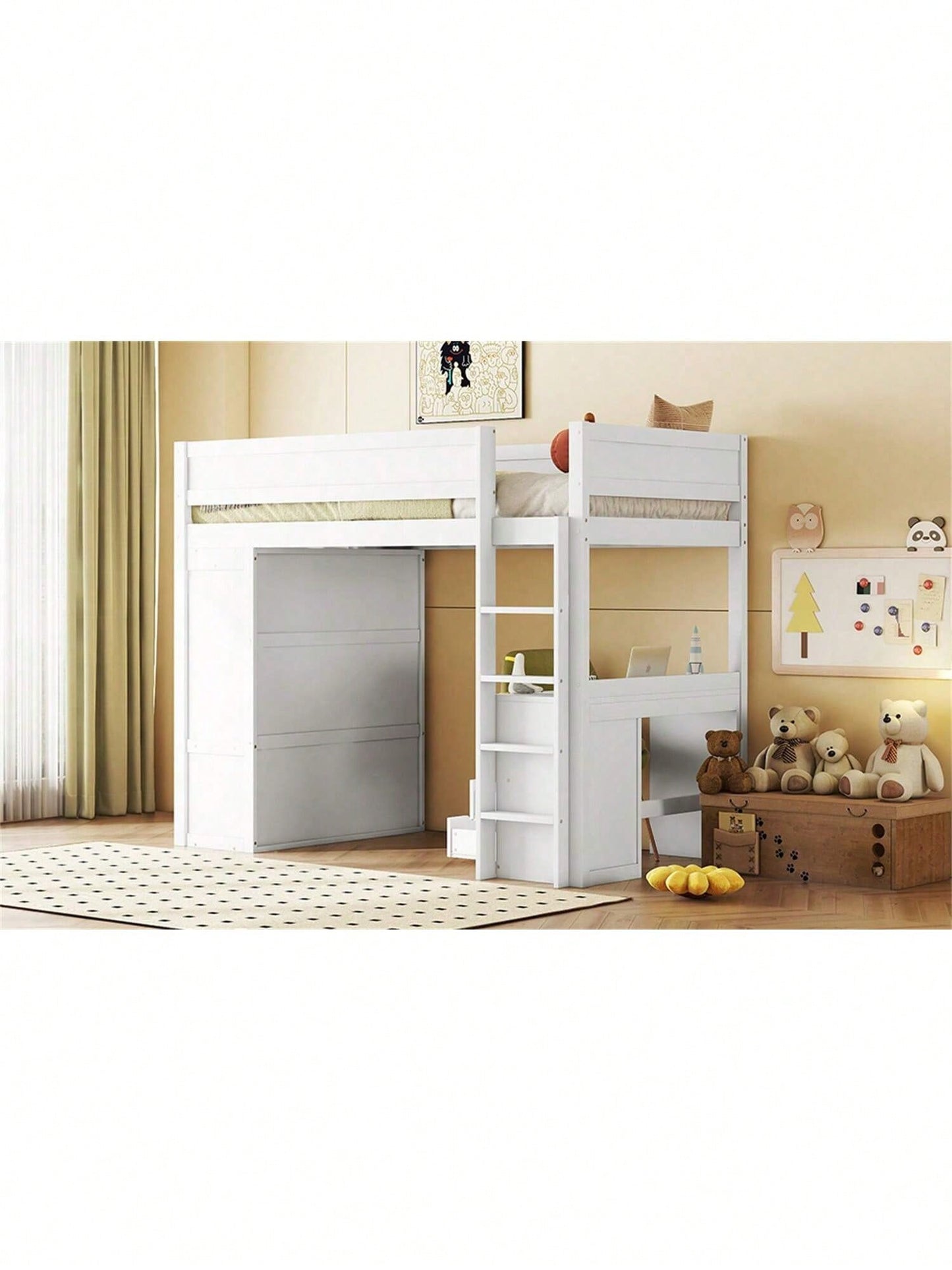 90*200cm Hochbett, vielseitiges Kinderbett, ausgestattet mit Kleiderschrank, Schreibtisch und Schubladen, weiß