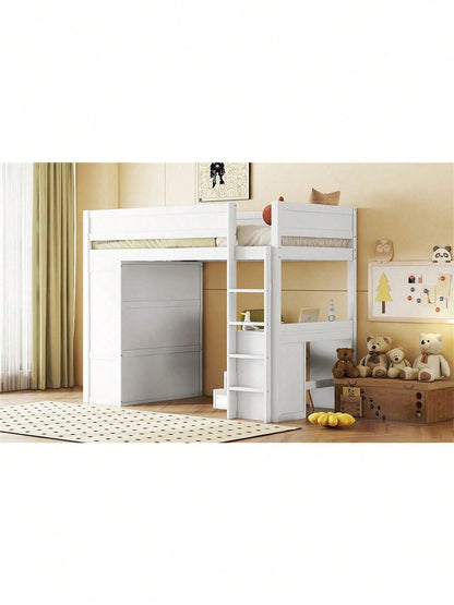 90*200cm Hochbett, vielseitiges Kinderbett, ausgestattet mit Kleiderschrank, Schreibtisch und Schubladen, weiß