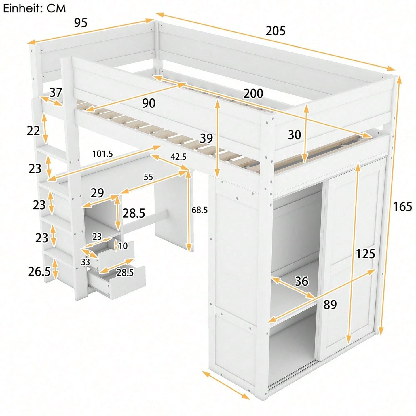 90*200cm Hochbett, vielseitiges Kinderbett, ausgestattet mit Kleiderschrank, Schreibtisch und Schubladen, weiß