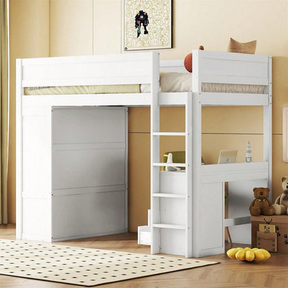 90*200cm Hochbett, vielseitiges Kinderbett, ausgestattet mit Kleiderschrank, Schreibtisch und Schubladen, weiß