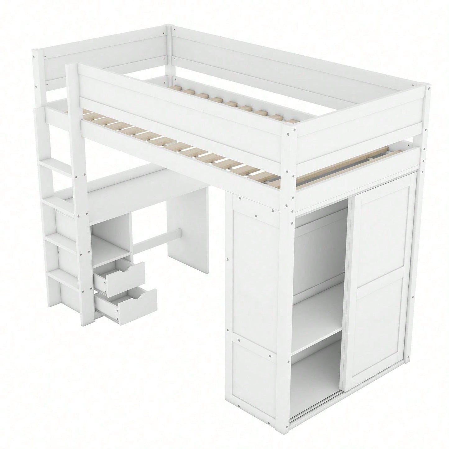 90*200cm Hochbett, vielseitiges Kinderbett, ausgestattet mit Kleiderschrank, Schreibtisch und Schubladen, weiß